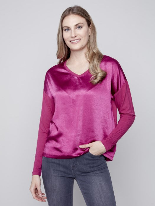 Charlie B Satin Front Top With Jersey Back