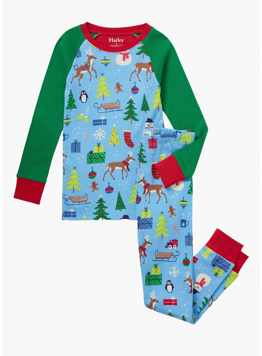 Hatley Blue Christmas Morning Cotton Raglan Pajama Set