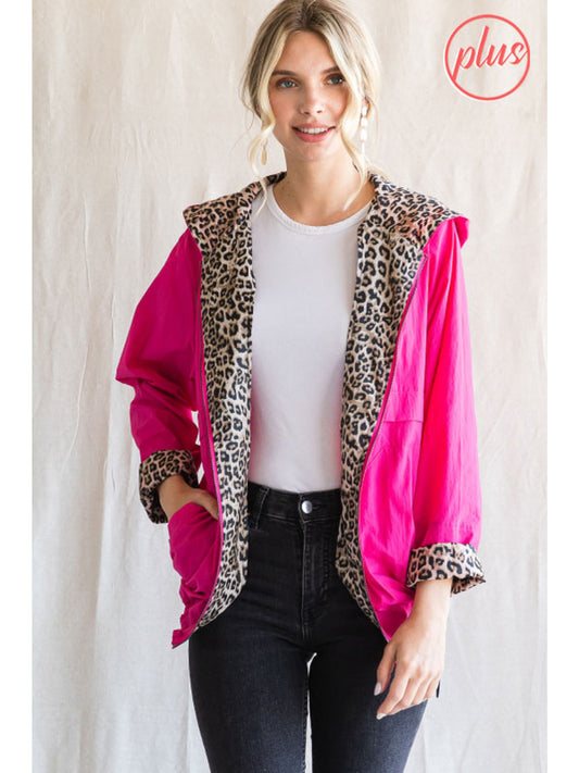 JODIFL Plus Size Hot Pink Windbreaker With Leopard Print Lining