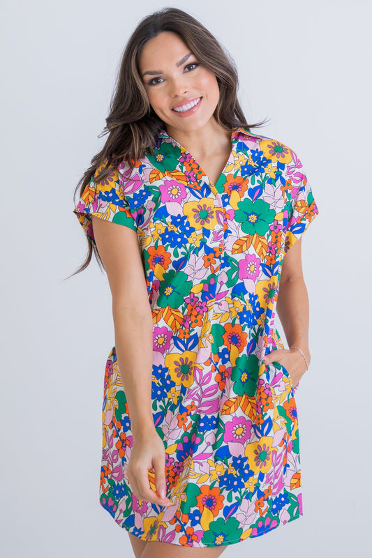 Karlie Retro Floral Shirt Dress With Pockets