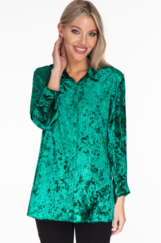 Multiples Emerald Velvet Button Front Shirt