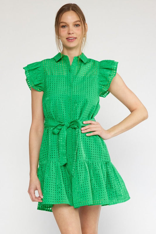 entro Sheer Grid Collared Button Front Tiered Dress