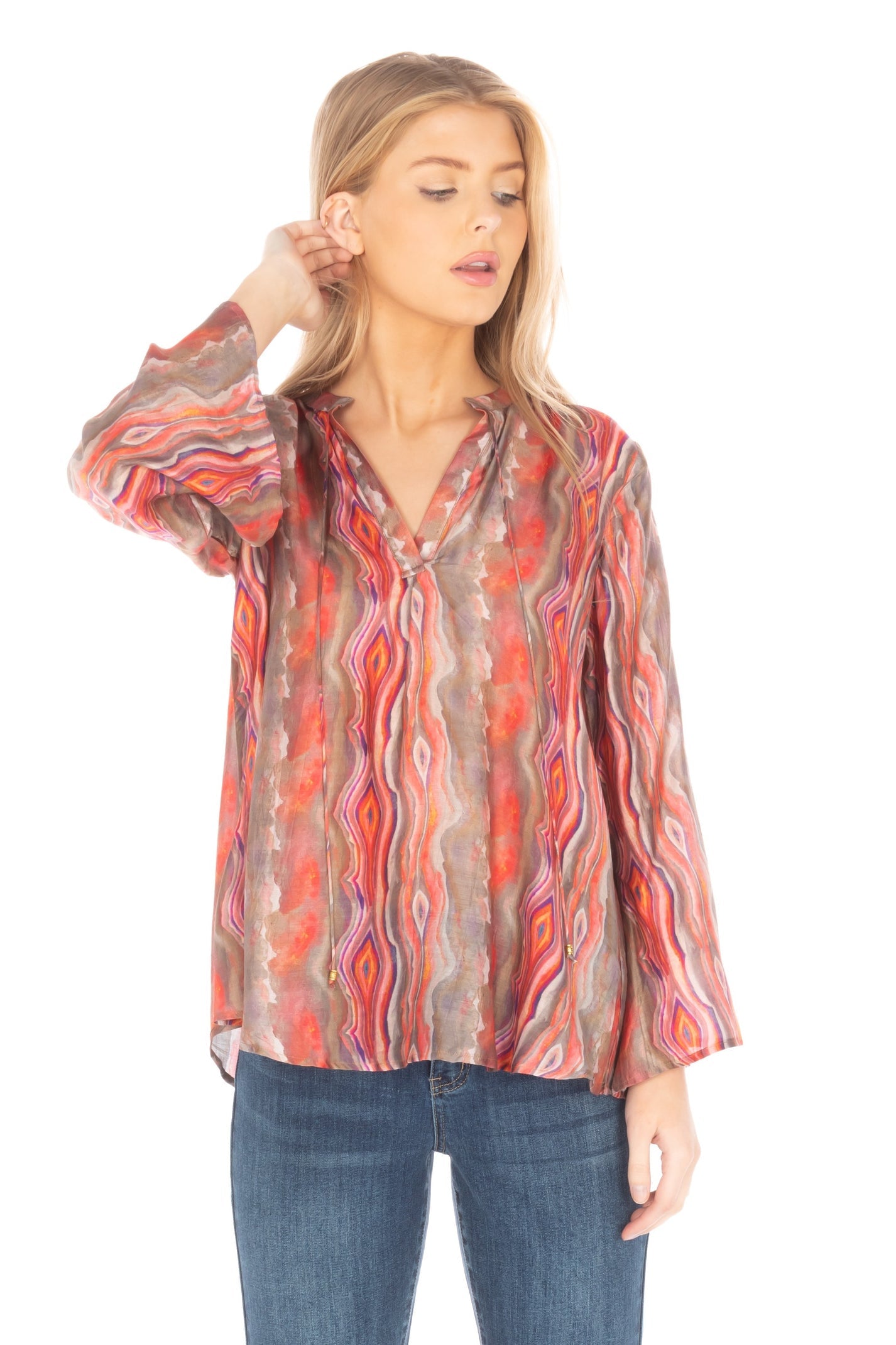 APNY Ladies V-Neck Blouse With Tassel and Bell Sleeves