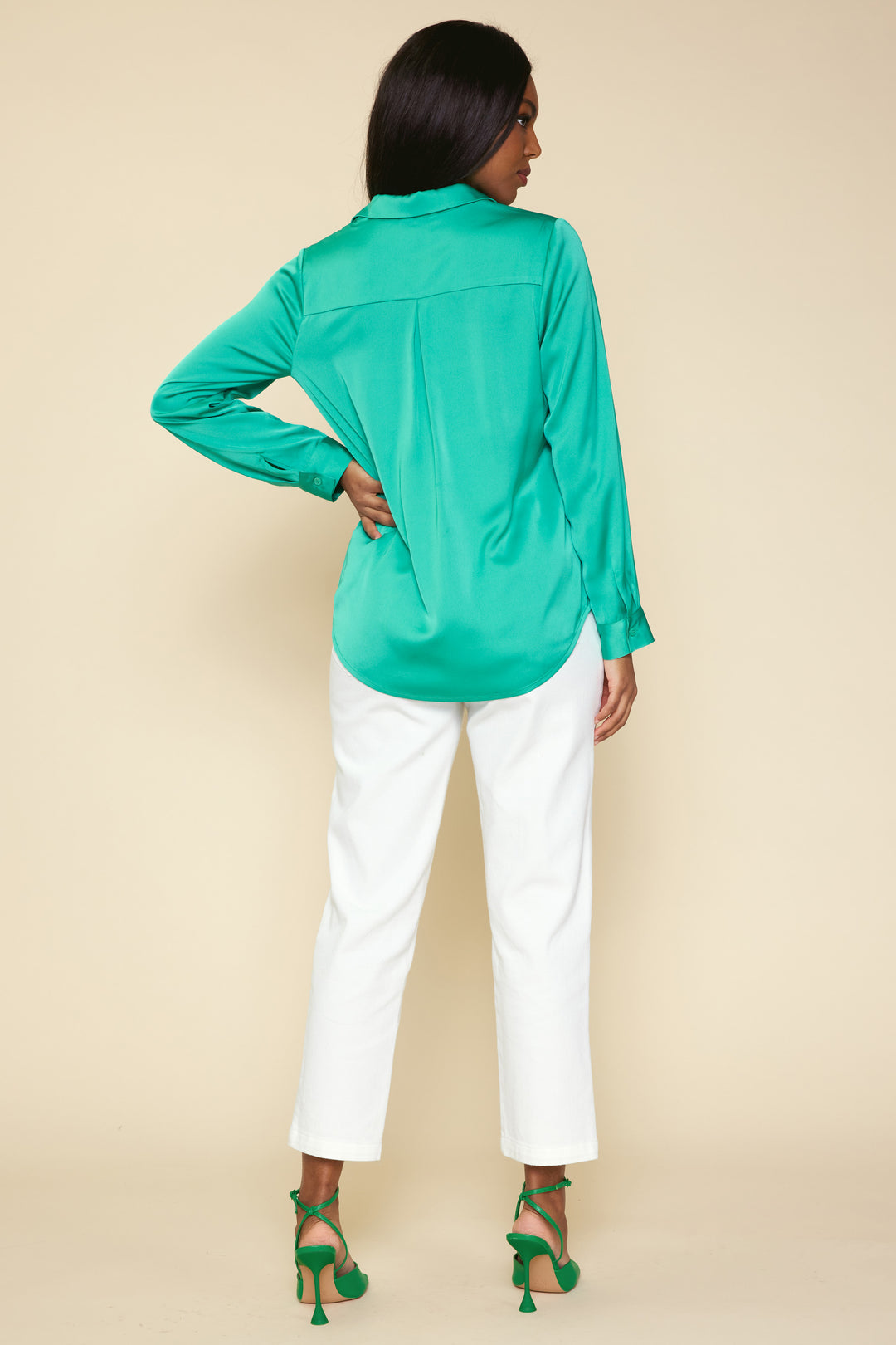 Skies Are Blue Emerald Green Classic Button Down Blouse