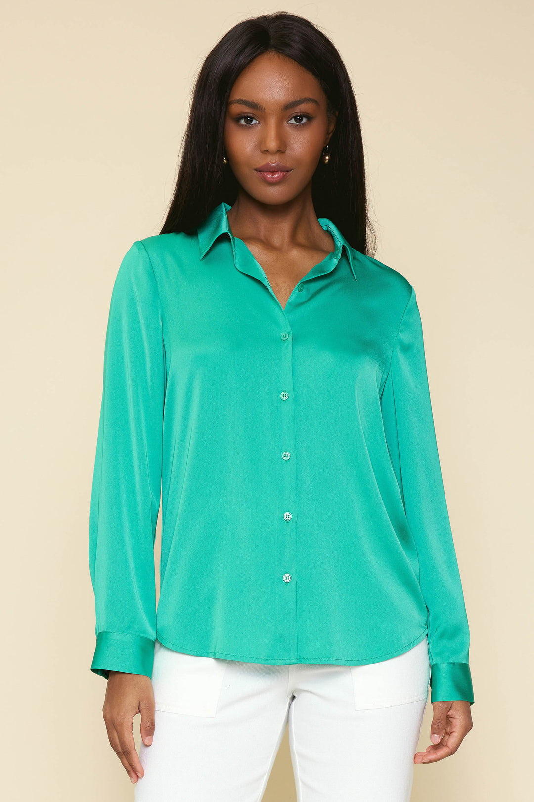 Skies Are Blue Emerald Green Classic Button Down Blouse