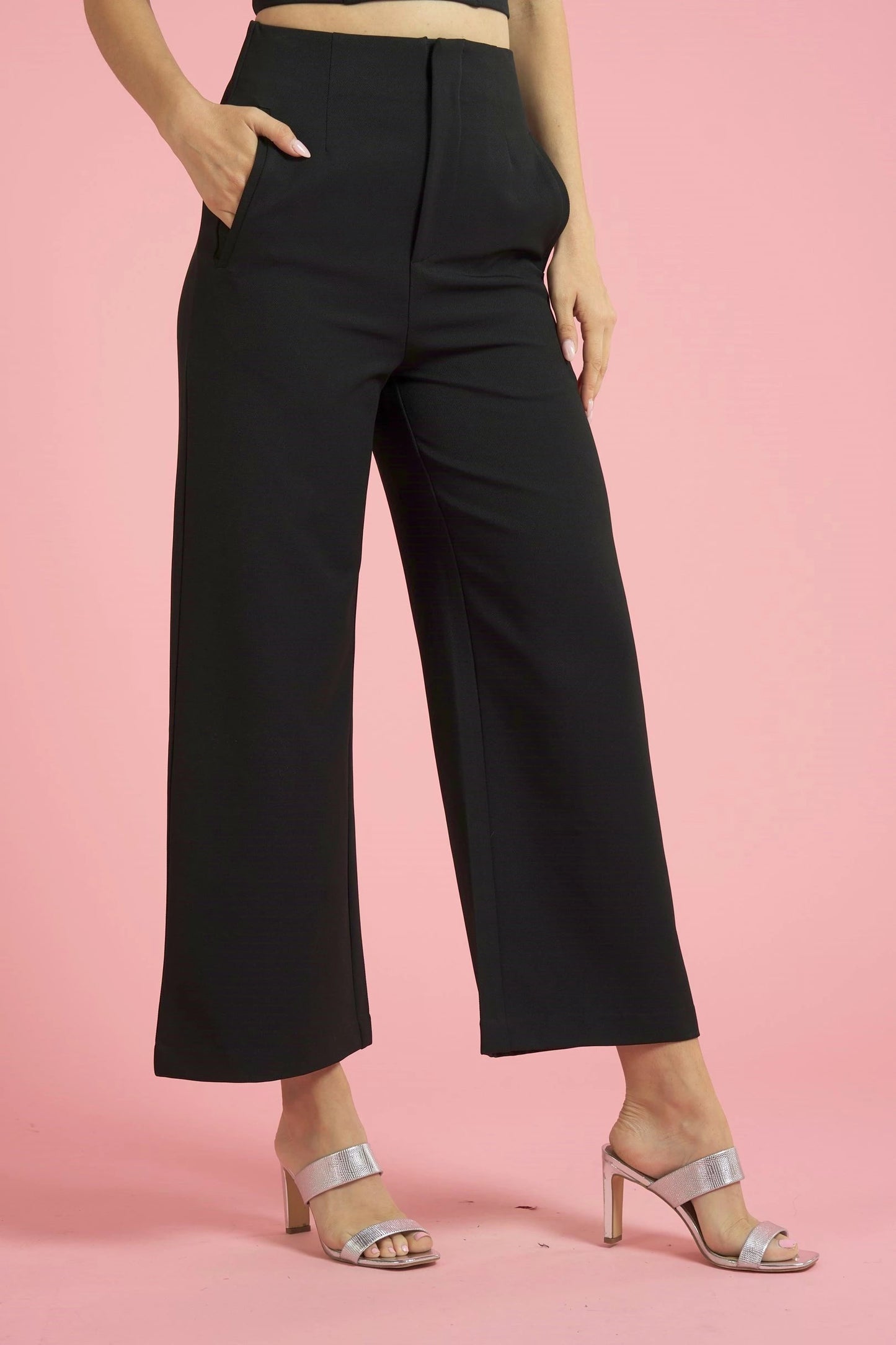 Glam High Waist Wide Leg Black Pant With Pockets
