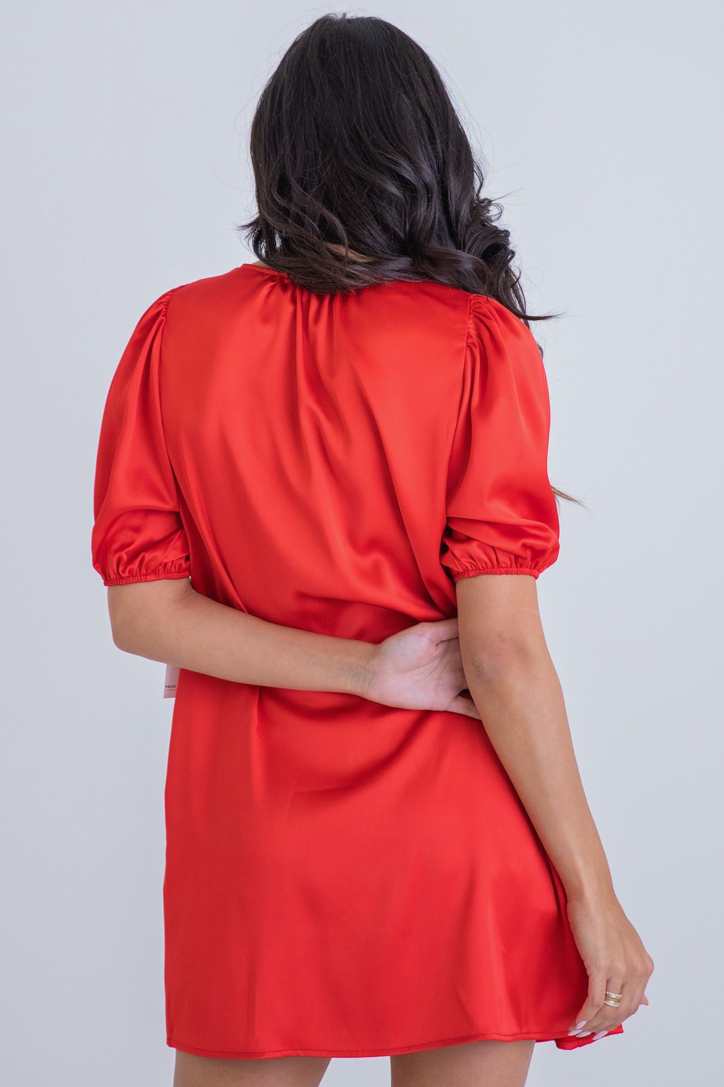 Karlie Red V-neck Puff Sleeve Dress With Pockets